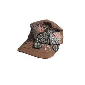 Brown Cadet Military Style Cap Embroidered Wings Rose Star Distressed Y2K